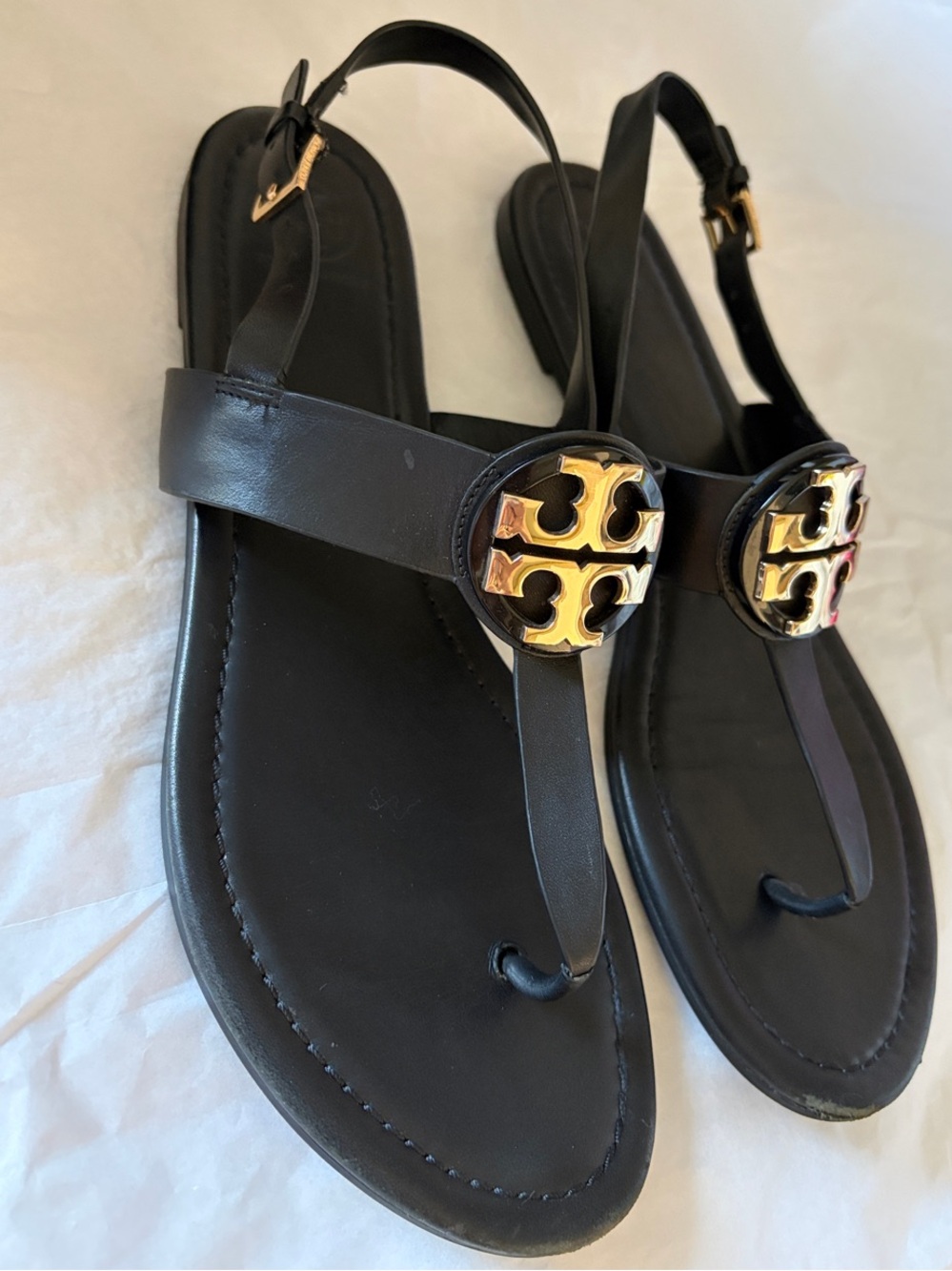 Tory Burch Black Leather Slingback Sandals with Gold Logo Size 10.5